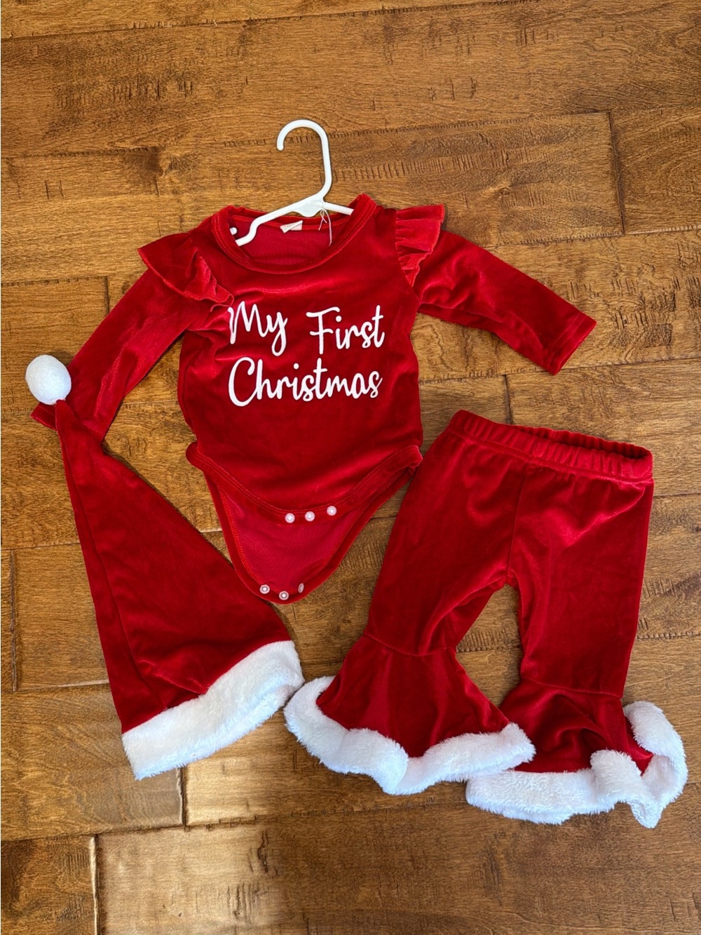Red 'My First Christmas' Velvet Baby Outfit with Santa Hat